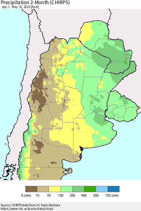 Southern South America Precipitation 2-Month (CHIRPS) Thematic Map For 4/1/2023 - 5/31/2023