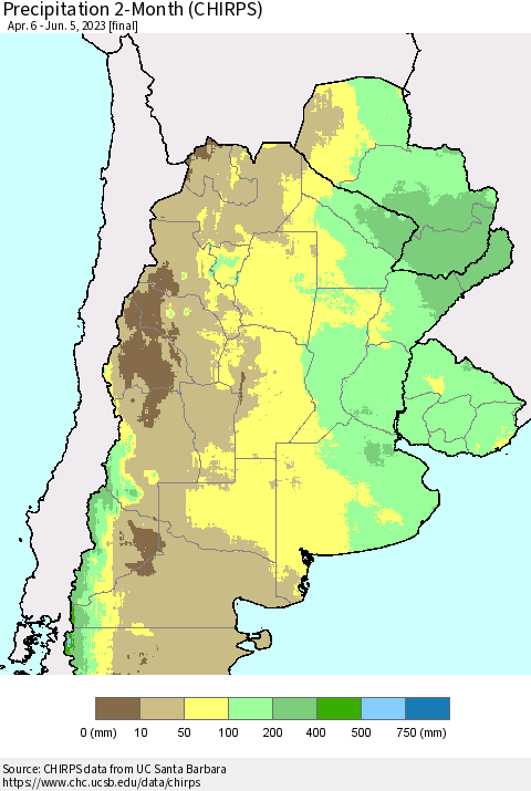 Southern South America Precipitation 2-Month (CHIRPS) Thematic Map For 4/6/2023 - 6/5/2023