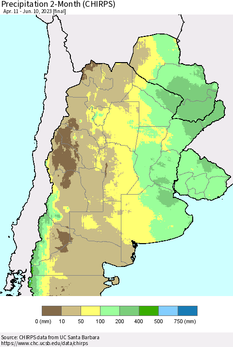 Southern South America Precipitation 2-Month (CHIRPS) Thematic Map For 4/11/2023 - 6/10/2023