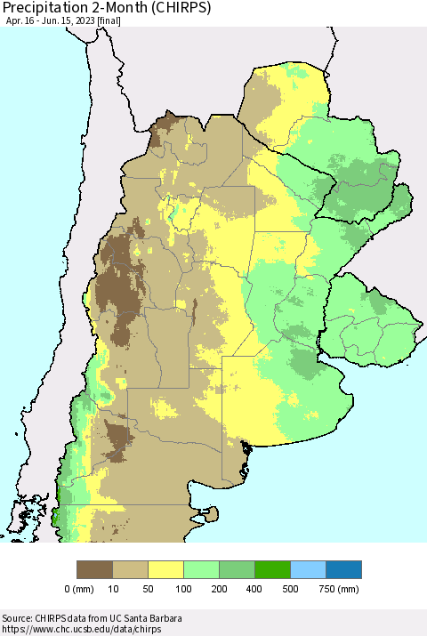 Southern South America Precipitation 2-Month (CHIRPS) Thematic Map For 4/16/2023 - 6/15/2023