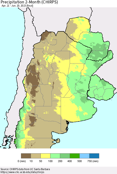 Southern South America Precipitation 2-Month (CHIRPS) Thematic Map For 4/21/2023 - 6/20/2023