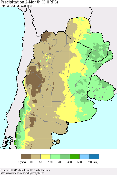 Southern South America Precipitation 2-Month (CHIRPS) Thematic Map For 4/26/2023 - 6/25/2023