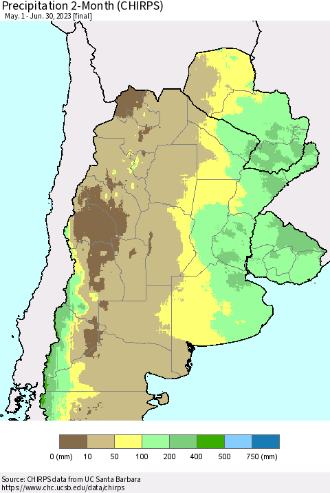 Southern South America Precipitation 2-Month (CHIRPS) Thematic Map For 5/1/2023 - 6/30/2023