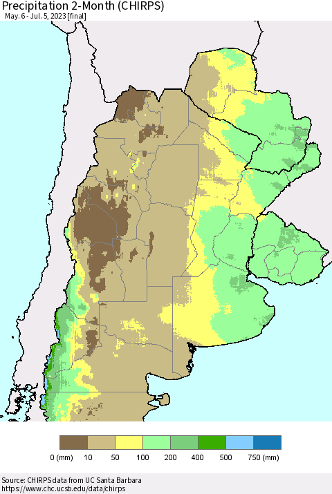 Southern South America Precipitation 2-Month (CHIRPS) Thematic Map For 5/6/2023 - 7/5/2023