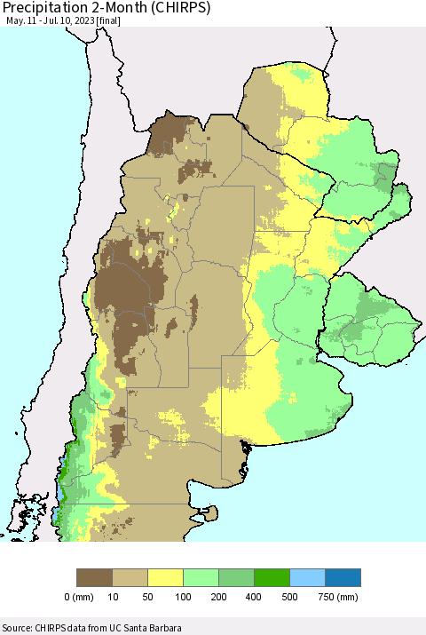 Southern South America Precipitation 2-Month (CHIRPS) Thematic Map For 5/11/2023 - 7/10/2023