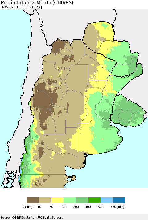 Southern South America Precipitation 2-Month (CHIRPS) Thematic Map For 5/16/2023 - 7/15/2023