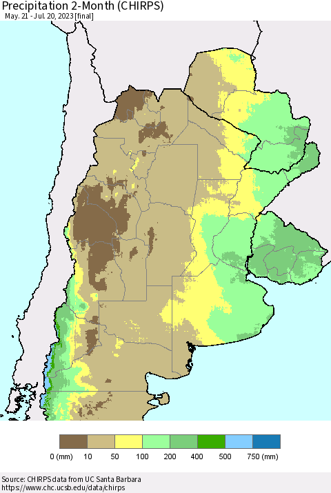 Southern South America Precipitation 2-Month (CHIRPS) Thematic Map For 5/21/2023 - 7/20/2023