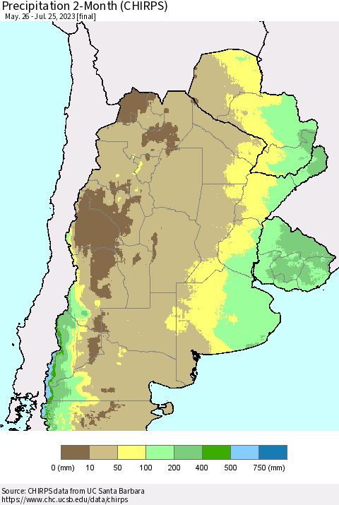 Southern South America Precipitation 2-Month (CHIRPS) Thematic Map For 5/26/2023 - 7/25/2023