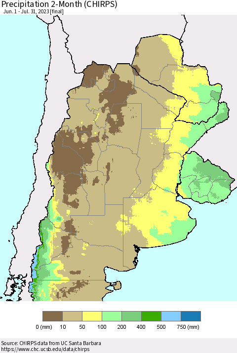 Southern South America Precipitation 2-Month (CHIRPS) Thematic Map For 6/1/2023 - 7/31/2023