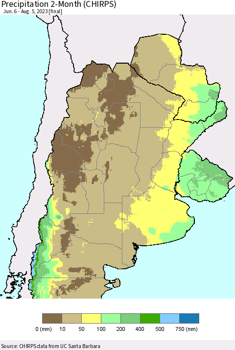 Southern South America Precipitation 2-Month (CHIRPS) Thematic Map For 6/6/2023 - 8/5/2023