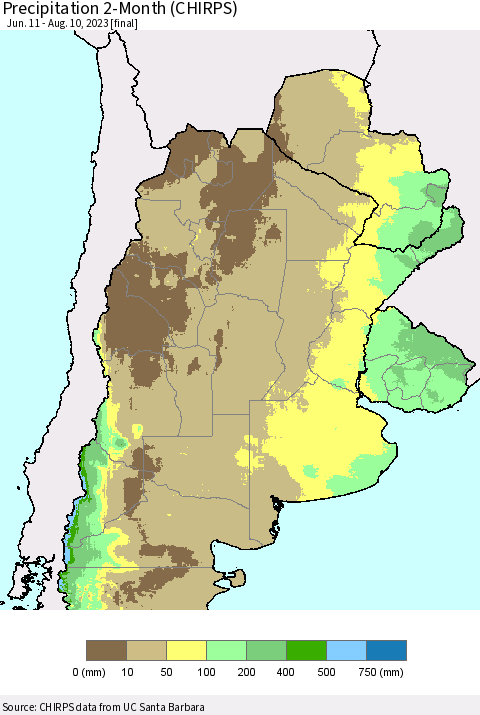 Southern South America Precipitation 2-Month (CHIRPS) Thematic Map For 6/11/2023 - 8/10/2023