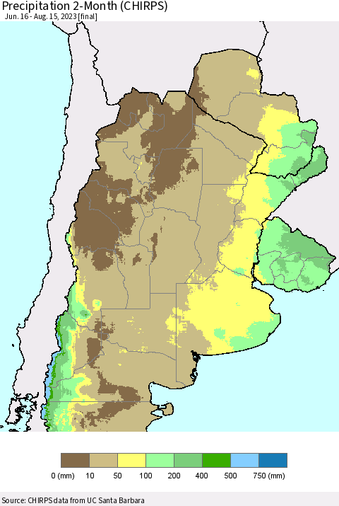 Southern South America Precipitation 2-Month (CHIRPS) Thematic Map For 6/16/2023 - 8/15/2023