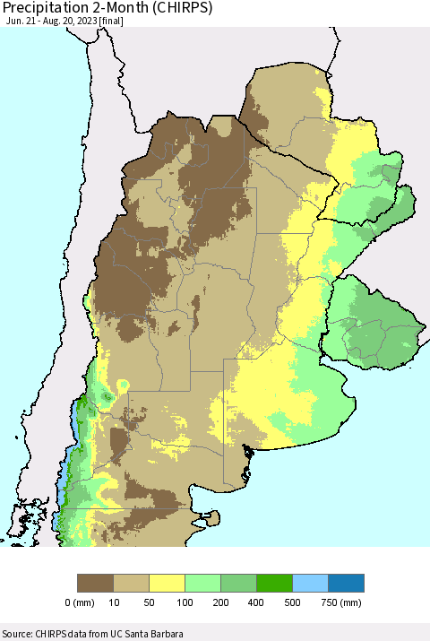 Southern South America Precipitation 2-Month (CHIRPS) Thematic Map For 6/21/2023 - 8/20/2023