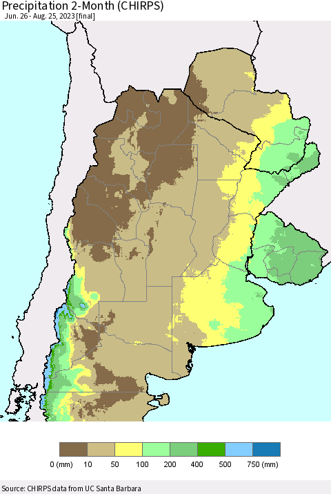 Southern South America Precipitation 2-Month (CHIRPS) Thematic Map For 6/26/2023 - 8/25/2023