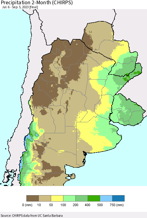 Southern South America Precipitation 2-Month (CHIRPS) Thematic Map For 7/6/2023 - 9/5/2023