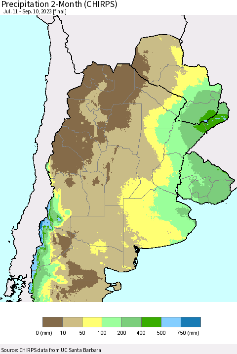 Southern South America Precipitation 2-Month (CHIRPS) Thematic Map For 7/11/2023 - 9/10/2023