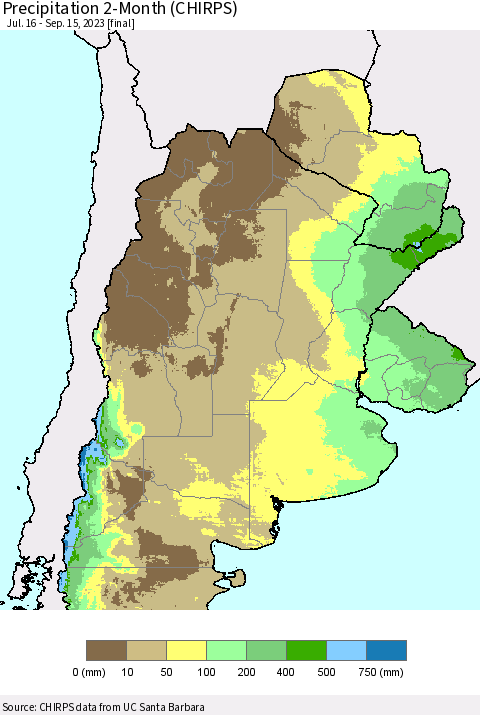 Southern South America Precipitation 2-Month (CHIRPS) Thematic Map For 7/16/2023 - 9/15/2023