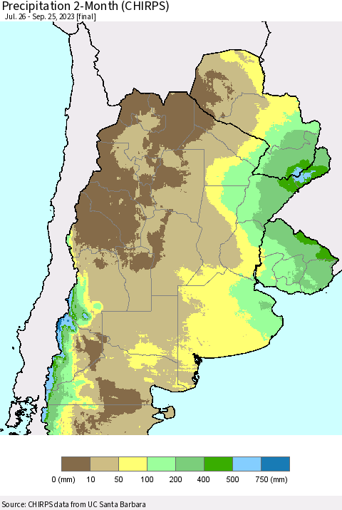 Southern South America Precipitation 2-Month (CHIRPS) Thematic Map For 7/26/2023 - 9/25/2023