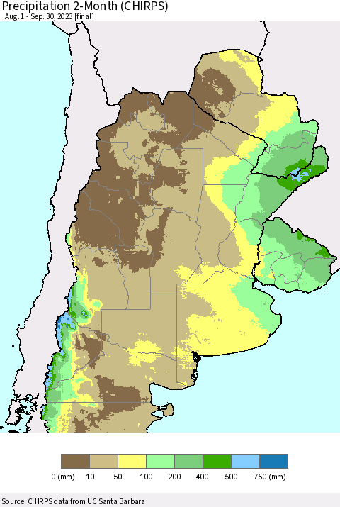 Southern South America Precipitation 2-Month (CHIRPS) Thematic Map For 8/1/2023 - 9/30/2023