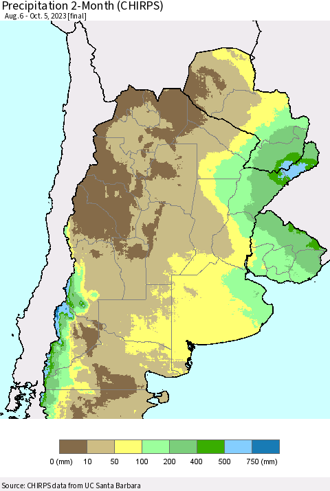Southern South America Precipitation 2-Month (CHIRPS) Thematic Map For 8/6/2023 - 10/5/2023