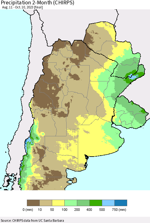 Southern South America Precipitation 2-Month (CHIRPS) Thematic Map For 8/11/2023 - 10/10/2023