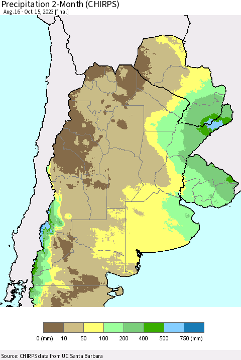 Southern South America Precipitation 2-Month (CHIRPS) Thematic Map For 8/16/2023 - 10/15/2023