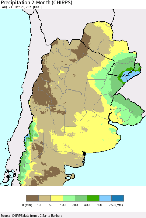 Southern South America Precipitation 2-Month (CHIRPS) Thematic Map For 8/21/2023 - 10/20/2023