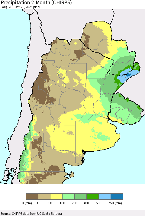 Southern South America Precipitation 2-Month (CHIRPS) Thematic Map For 8/26/2023 - 10/25/2023