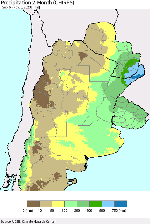 Southern South America Precipitation 2-Month (CHIRPS) Thematic Map For 9/6/2023 - 11/5/2023