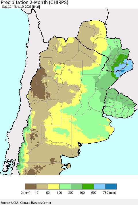 Southern South America Precipitation 2-Month (CHIRPS) Thematic Map For 9/11/2023 - 11/10/2023