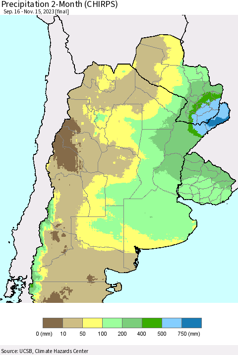 Southern South America Precipitation 2-Month (CHIRPS) Thematic Map For 9/16/2023 - 11/15/2023