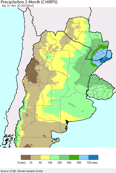 Southern South America Precipitation 2-Month (CHIRPS) Thematic Map For 9/21/2023 - 11/20/2023