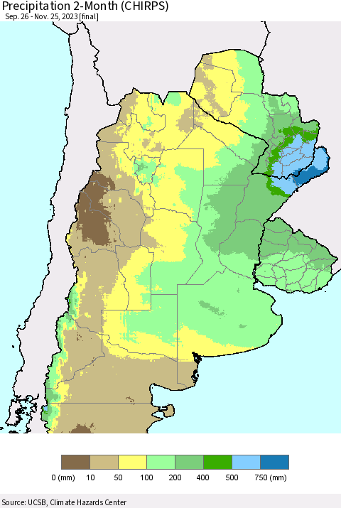 Southern South America Precipitation 2-Month (CHIRPS) Thematic Map For 9/26/2023 - 11/25/2023
