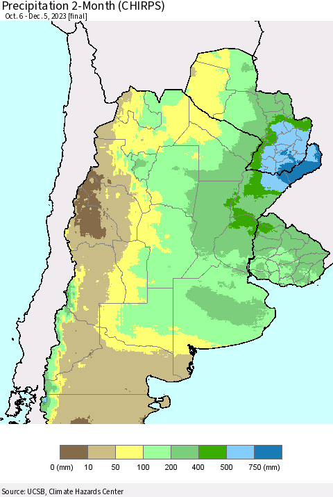 Southern South America Precipitation 2-Month (CHIRPS) Thematic Map For 10/6/2023 - 12/5/2023