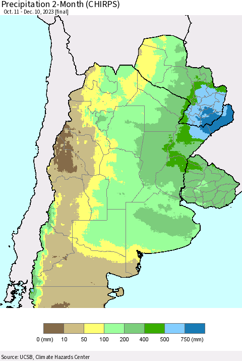 Southern South America Precipitation 2-Month (CHIRPS) Thematic Map For 10/11/2023 - 12/10/2023