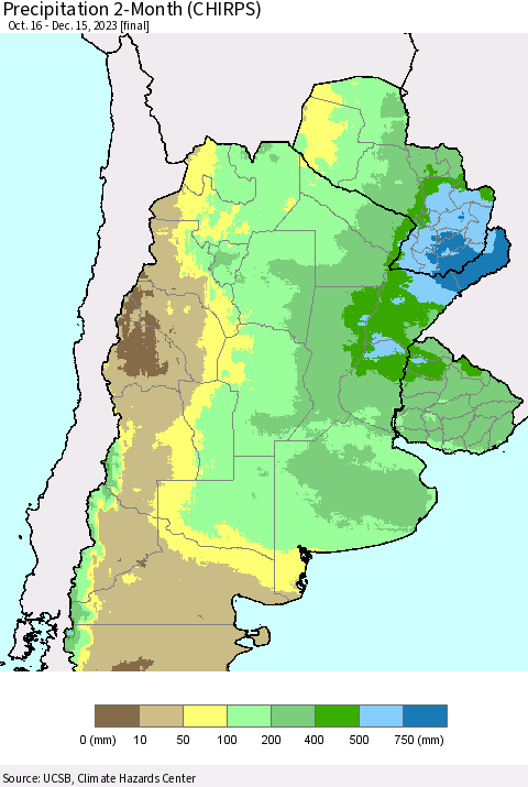 Southern South America Precipitation 2-Month (CHIRPS) Thematic Map For 10/16/2023 - 12/15/2023