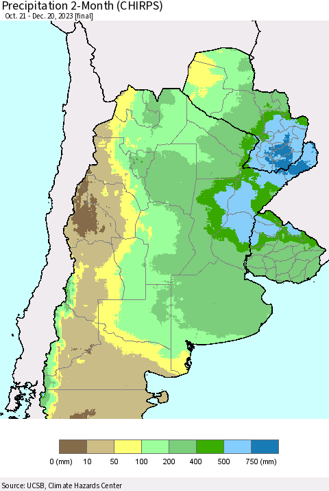 Southern South America Precipitation 2-Month (CHIRPS) Thematic Map For 10/21/2023 - 12/20/2023