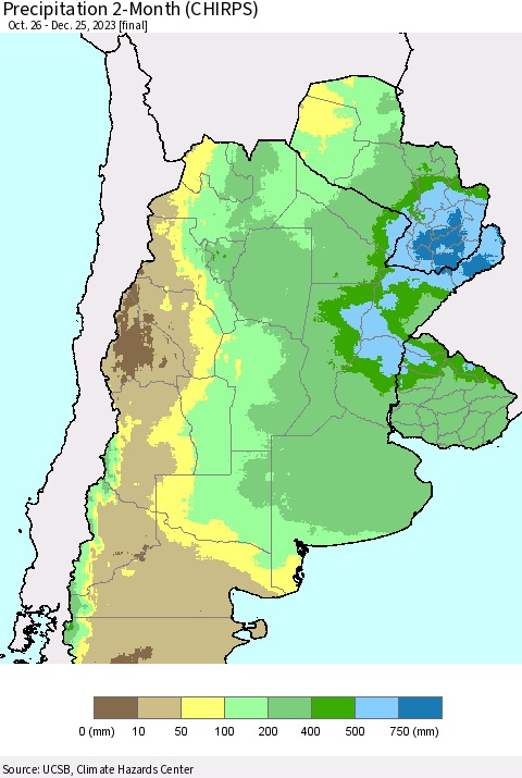 Southern South America Precipitation 2-Month (CHIRPS) Thematic Map For 10/26/2023 - 12/25/2023