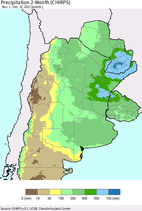 Southern South America Precipitation 2-Month (CHIRPS) Thematic Map For 11/1/2023 - 12/31/2023