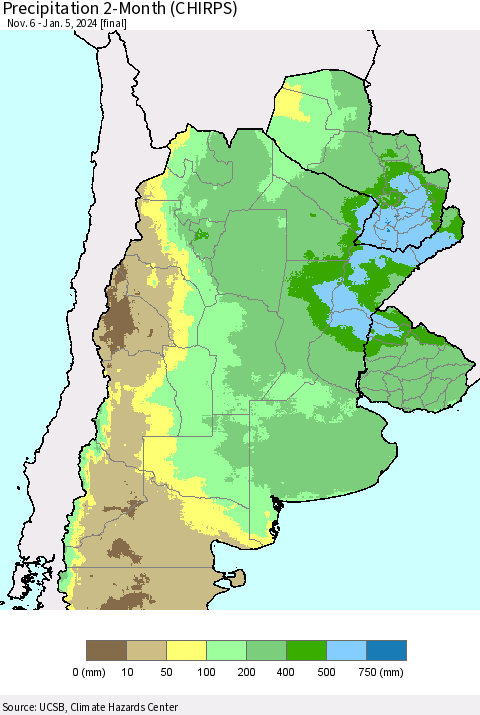 Southern South America Precipitation 2-Month (CHIRPS) Thematic Map For 11/6/2023 - 1/5/2024