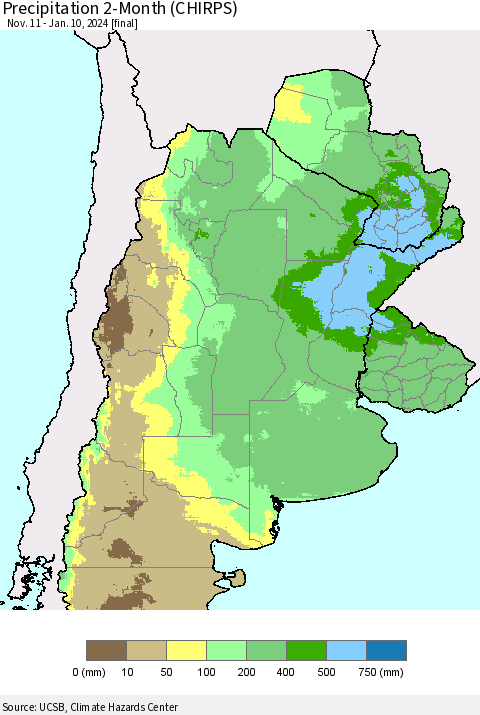 Southern South America Precipitation 2-Month (CHIRPS) Thematic Map For 11/11/2023 - 1/10/2024