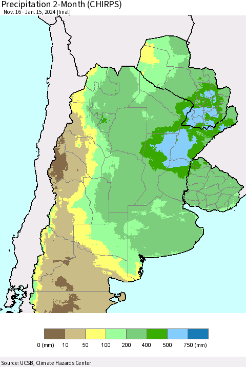 Southern South America Precipitation 2-Month (CHIRPS) Thematic Map For 11/16/2023 - 1/15/2024