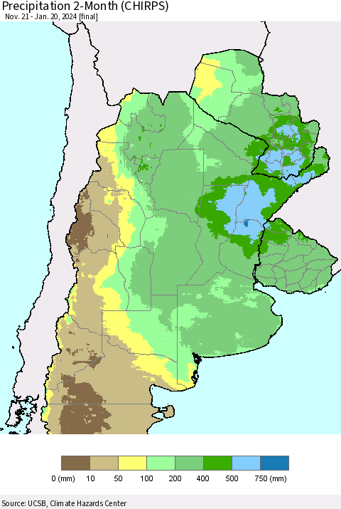 Southern South America Precipitation 2-Month (CHIRPS) Thematic Map For 11/21/2023 - 1/20/2024