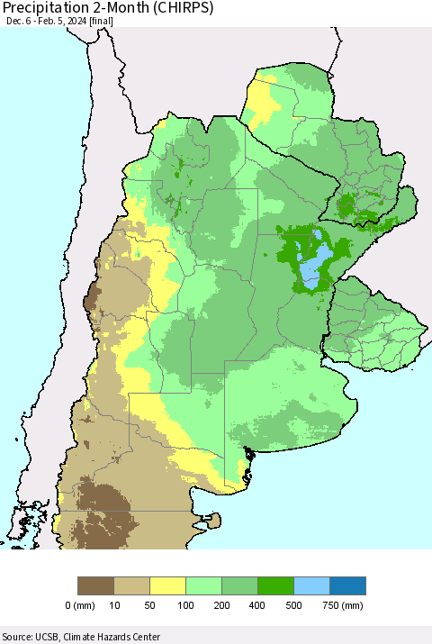Southern South America Precipitation 2-Month (CHIRPS) Thematic Map For 12/6/2023 - 2/5/2024