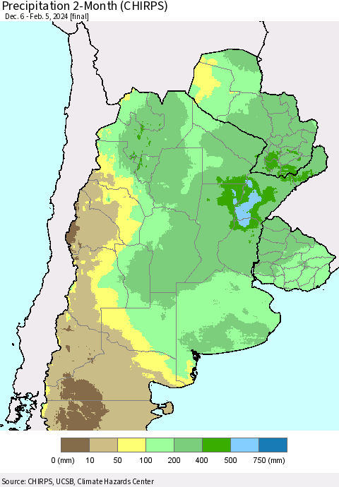 Southern South America Precipitation 2-Month (CHIRPS) Thematic Map For 12/6/2023 - 2/5/2024