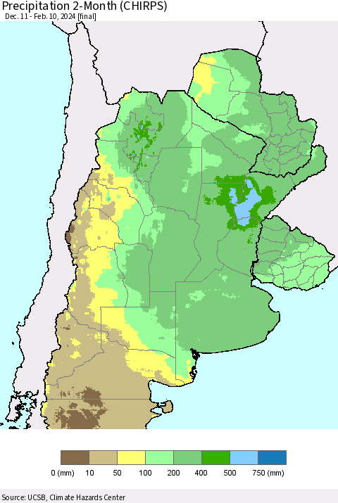 Southern South America Precipitation 2-Month (CHIRPS) Thematic Map For 12/11/2023 - 2/10/2024