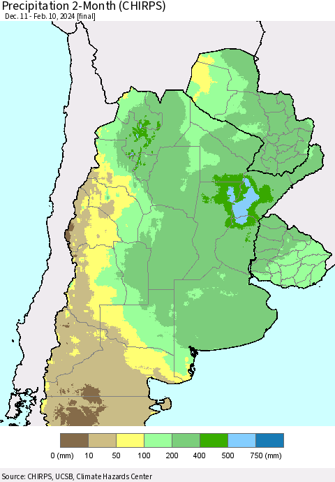 Southern South America Precipitation 2-Month (CHIRPS) Thematic Map For 12/11/2023 - 2/10/2024