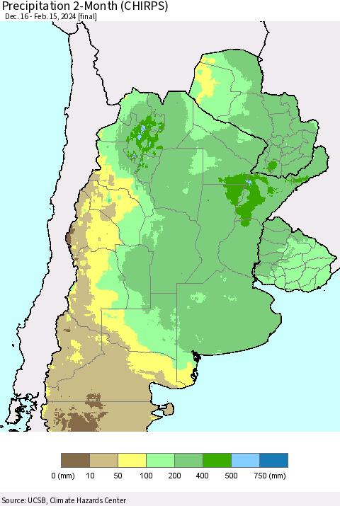 Southern South America Precipitation 2-Month (CHIRPS) Thematic Map For 12/16/2023 - 2/15/2024