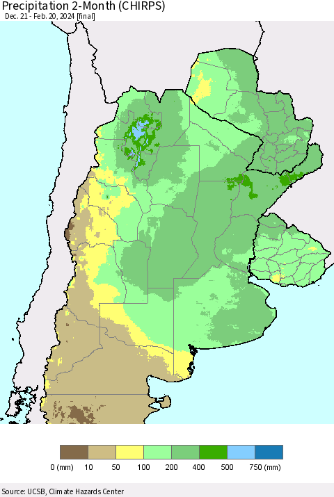 Southern South America Precipitation 2-Month (CHIRPS) Thematic Map For 12/21/2023 - 2/20/2024