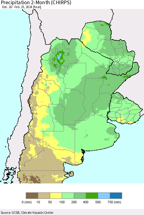 Southern South America Precipitation 2-Month (CHIRPS) Thematic Map For 12/26/2023 - 2/25/2024
